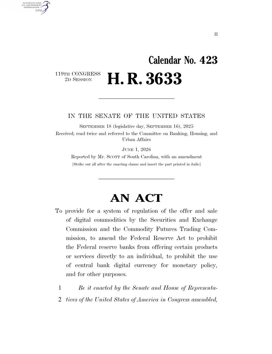 amonyx's tweet photo. JUST IN: 🇺🇸 The final text of the CLARITY Act is expected to be released by the U.S. Senate this weekend.

A major step forward for crypto regulation.

$XRP 🔐 https://t.co/Uu33iqEGIv