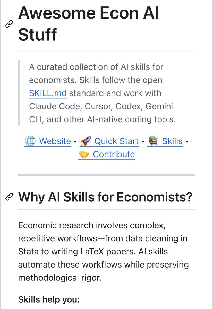 mehmetsongur_'s tweet photo. İktisatçılar için hazırlanmış bir AI “skill” koleksiyonu.

LSE’den Antonio Mele’nin derlediği açık kaynak koleksiyon, iktisatçılara özel 17 hazır AI skill sunuyor. 

Claude Code, Cursor, Codex ve Gemini CLI ile uyumlu, ücretsiz.

Link 👇

https://t.co/HQkG69TgGM https://t.co/JmiNpSjAXd