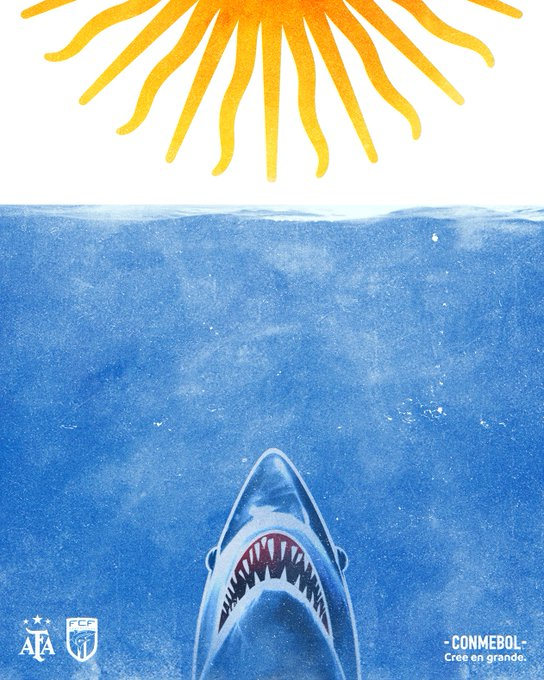somoscorta's tweet photo. El poster que compartió la Conmebol en la previa del partido de Argentina contra Cabo Verde por los 16vos de final del #Mundial2026. La imagen hace referencia a la película Tiburón de Steven Spielberg.