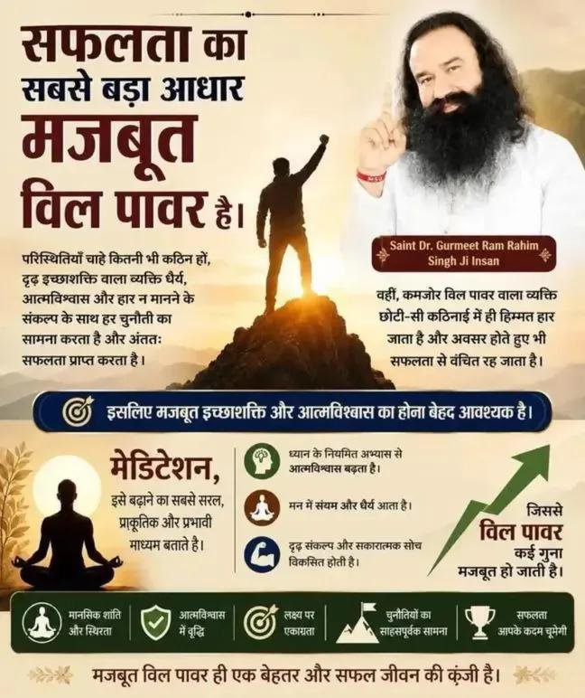 SohayKaram's tweet photo. जब इंसान नियमित रूप से मेडिटेशन करता है,तो उसकी सोच सकारात्मक बनती है, मन स्थिर होता है और अंदर से एक नई शक्ति का अनुभव होता है। यही आत्मबल इंसानको कठिन परिस्थितियों में भी टूटने नहीं देता और सफलता की ओर आगे बढ़ने की प्रेरणा देता है।

#Meditation 
#SelfConfidence
#GurmeetRamRahim https://t.co/ZIZuEsCzGe