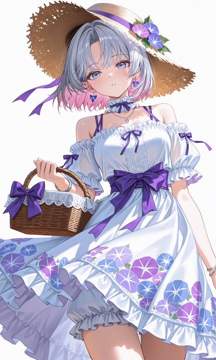 naanfa257023's tweet photo. #AIイラスト
こんばんは♪
昼予告したアサガオ衣装の公開です😌
アサガオ柄のワンピです♡
麦わら帽子を合わせてみました👗
ALTにプロンプト入らないので
プロンプトはこの下に⬇️　╰(*´︶`*)╯♡

プロンプト

masterpiece, best quality, ultra detailed, 8k, sharp focus, beautiful detailed white off-shoulder summer dress with purple and blue asagao (morning glory) floral pattern, sheer ruffled puff sleeves with purple ribbon ties, frilled neckline with purple bow, 
flowing tiered long skirt with multiple layers of lace and ruffles at hem, wide purple satin ribbon belt at waist with big bow, delicate purple ribbons and bows on sleeves and dress, 
straw hat with wide brim decorated with purple and pink flowers and purple ribbons, 
white frilly bloomers peeking from under skirt, 
detailed accessories: purple flower earrings, silver necklace with small pendant, thin silver bracelet, 
wicker picnic basket with white lace and large purple bow, 
sunlight filtering through, soft summer atmosphere, highly detailed clothing, intricate floral pattern of purple and blue morning glories on white fabric, 
translucent chiffon material, delicate lace trim, ruffled off-shoulder design, 
perfectly tied purple satin bows, dynamic flowing skirt, windblown fabric