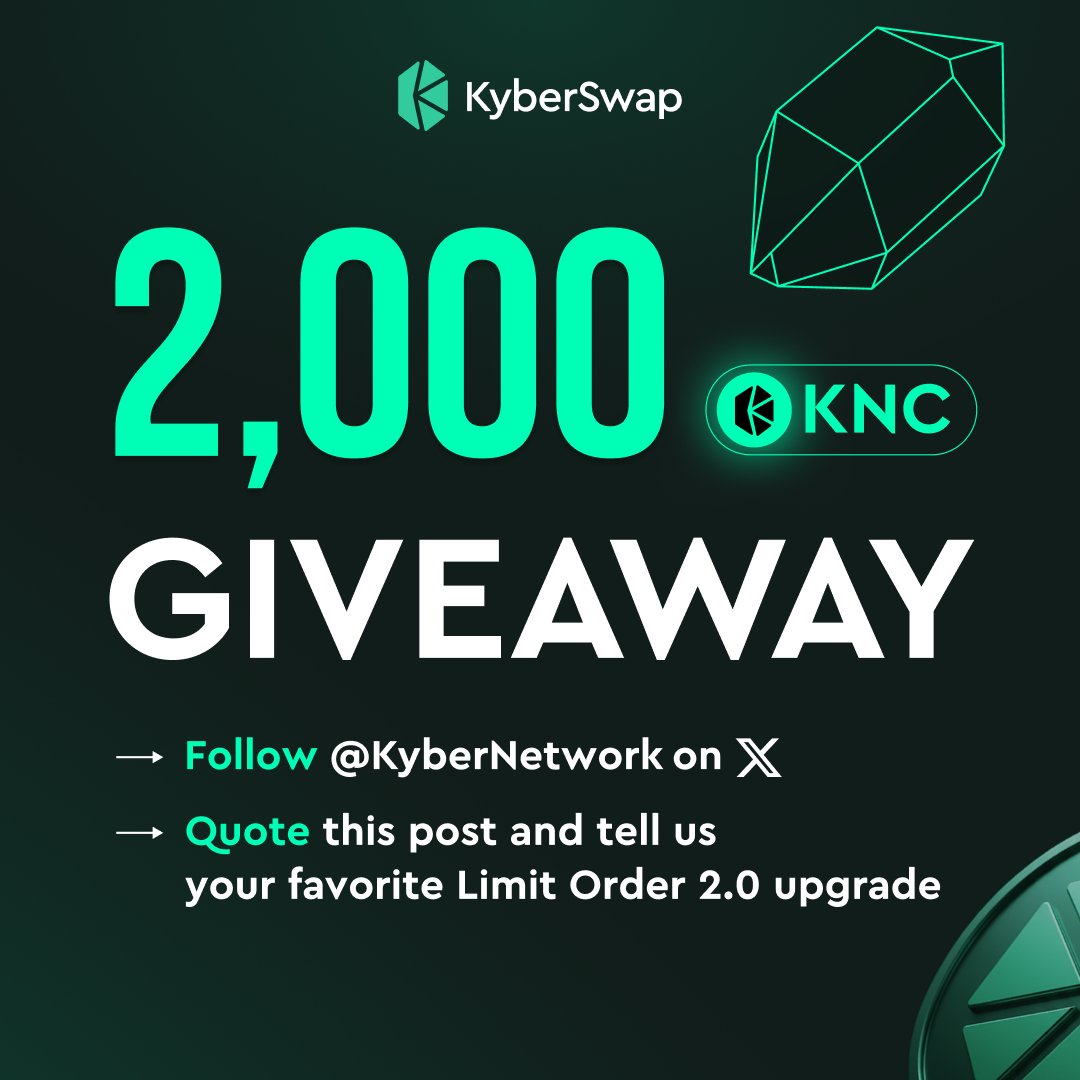 KyberNetwork's tweet photo. 2,000 KNC Giveaway 🎉

To celebrate the launch of Limit Order 2.0, we're giving away 2,000 KNC to 20 winners, 100 KNC each!

How to enter:
1️⃣ Follow @KyberNetwork
2️⃣ Quote this post and tell us your favorite Limit Order 2.0 upgrade

⏳ Ends on July 9.

We'll select 20 winners randomly and announce them shortly after the giveaway closes.