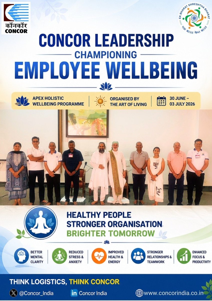 concor_india's tweet photo. CMD CONCOR Shri Sanjay Swarup, along with Directors and senior officers of CONCOR, participated in the APEX Holistic Wellbeing Programme organised by The Art of Living in New Delhi.

The programme focused on enhancing physical wellness, mental resilience, mindfulness and holistic wellbeing, reinforcing CONCOR's commitment towards fostering a healthy, balanced and future-ready workplace culture.

Healthy People. Stronger CONCOR.