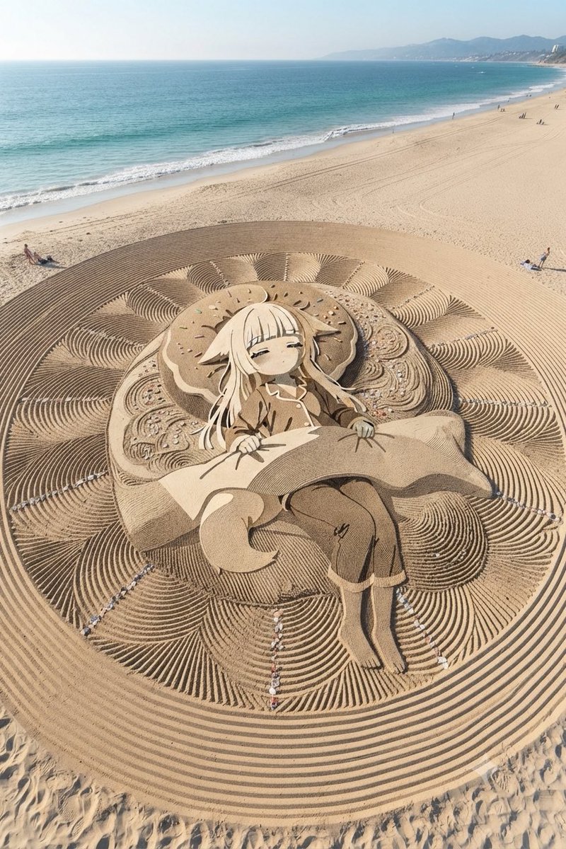夏のサンドAIアート カフェラテさん こんばんわ😊 元絵を砂絵にしてみ