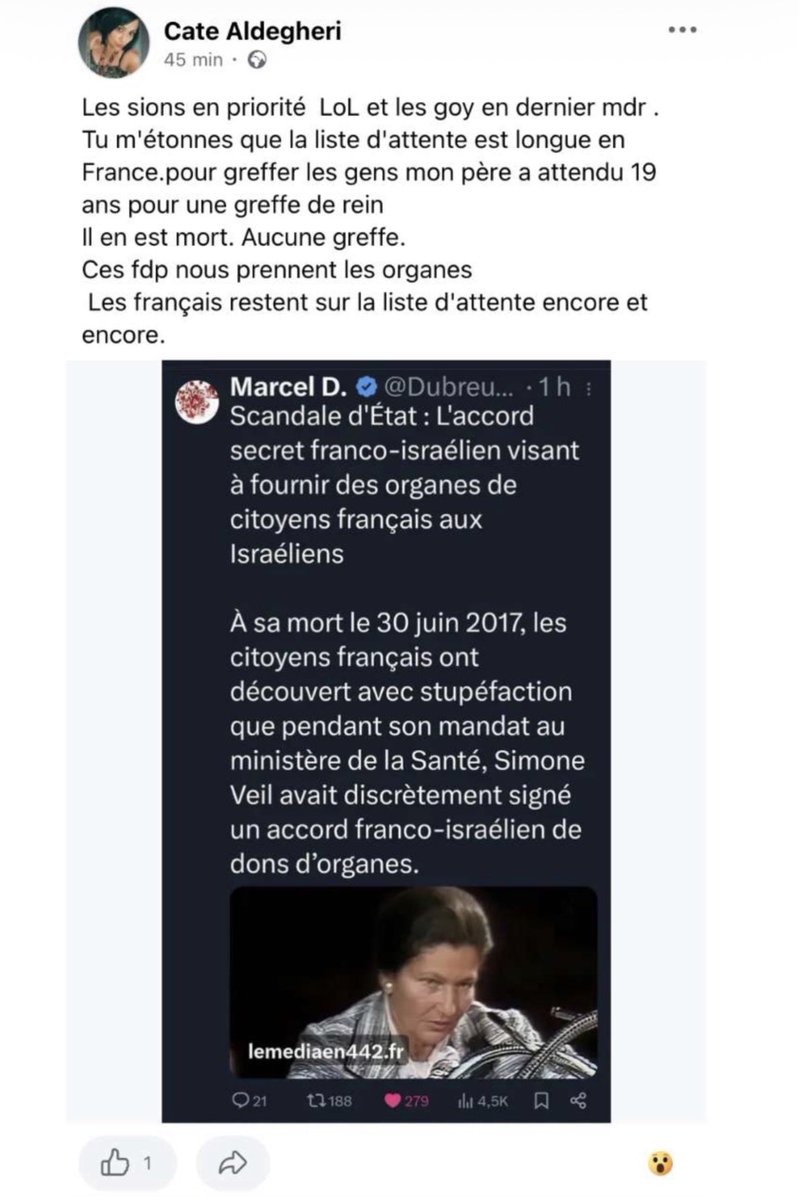 SwordOfSalomon's tweet photo. 🚨🏥 SIGNALEMENT : Catherine Aldegheri, 55 ans, convertie à l’islam, résidant à Pégomas (06), est adjointe administrative hospitalière à l’Hôpital Clavary, principal site du Centre Hospitalier de Grasse.

📌 Sur son compte Facebook, elle multiplie les publications antisémites, anti-chrétiennes et complotistes. L’une d’elles montre une personne portant une kippa associée aux pires crimes, avant de se conclure par le message : « Dieu est grand, ils vont être détruits, patience », un appel explicite à la destruction des Juifs.

⚠️ Compte tenu de la sensibilité de ses fonctions et de l’accès qu’elle peut avoir aux dossiers des patients, nous demandons à @JeromeViaud, président du Conseil de surveillance du Centre Hospitalier de Grasse, de prendre toutes les mesures qui s’imposent afin de garantir que de tels agissements soient sanctionnés avec la plus grande fermeté.

⚖️🚔 cc @PoliceNationale @prefet06 @villedegrasse @Sante_Gouv @stephanie_rist @Association_OJE @LICRA @ActionsAvocats @ObservatoireOjf @fhf_paca
