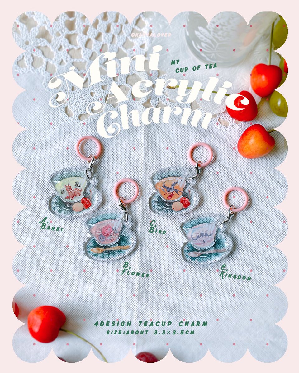 okappalover's tweet photo. 🍒NEW🍒
MY cup of tea
miniアクリルチャーム（4種）

お気に入りのお茶とteacup、今日はどれにしようかな？🫖☕️
透明なちいさなアクリルチャームがすごく可愛かったのでまた作ってみました！今回もランダムではありません🎶

🎪7/16(木)からスタートのバンビナポルカから販売致します！ https://t.co/LA3rah4Pg6
