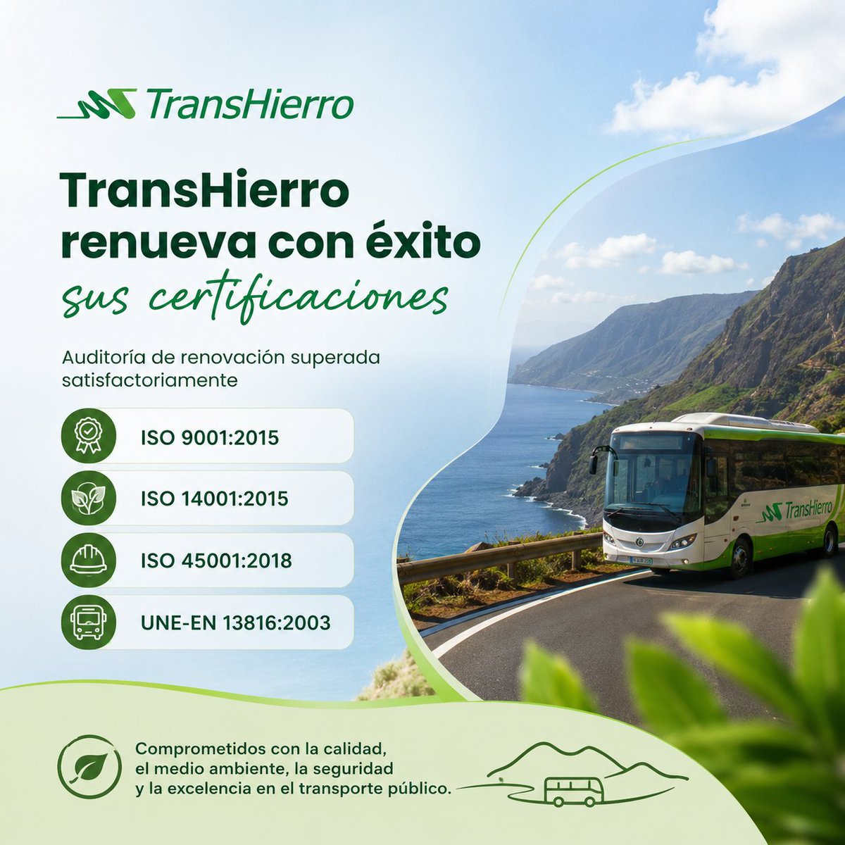 transhierro's tweet photo. TransHierro ha superado con éxito la auditoría de renovación de sus certificaciones
✅ ISO 9001:2015
✅ ISO 14001:2015
✅ ISO 45001:2018
✅ UNE-EN 13816:2003
La auditoría, refuerza nuestro compromiso con la calidad, la sostenibilidad, la seguridad y la excelencia en el transporte https://t.co/bJstxu4ex7