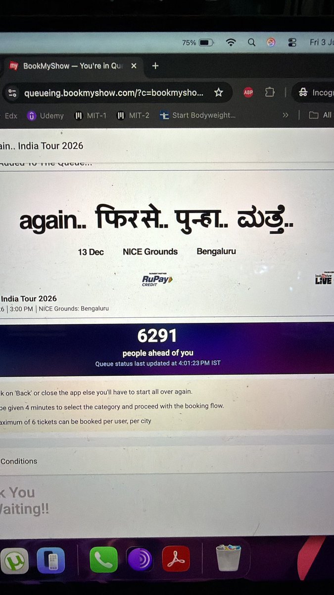 atulsrao7's tweet photo. My @bookmyshow queue was 6K. I still didn’t get tickets. Care to explain that BMS ?. 

The worst system in the world. Why do artists even partner with you https://t.co/MBleKmwTWz