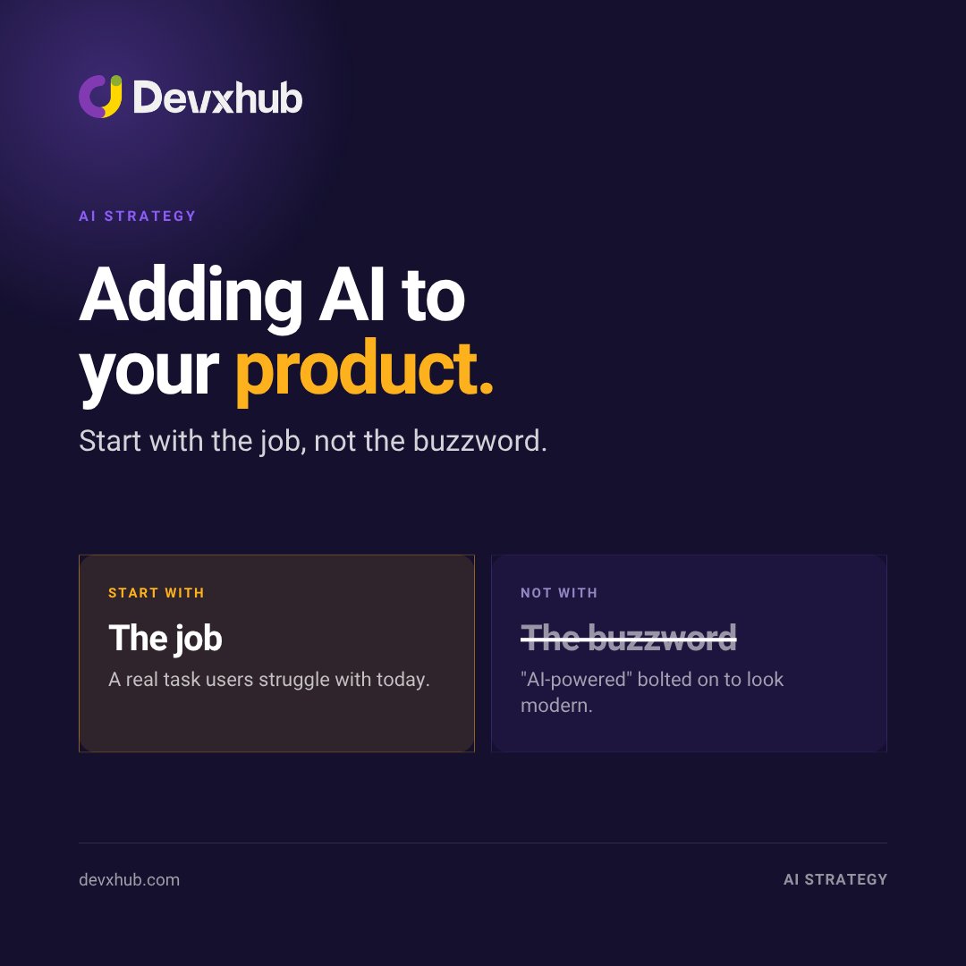 devxhubltd's tweet photo. Most "add AI to the product" plans fail because they start with the buzzword, not the job.
Do it right: find the one place AI clearly beats the alternative โ wrap it with fallbacks + verification โ measure if it actually helps.
https://t.co/HYA2UO9rap
#AIDevelopment #Devxhub https://t.co/1kFf5xoNT3