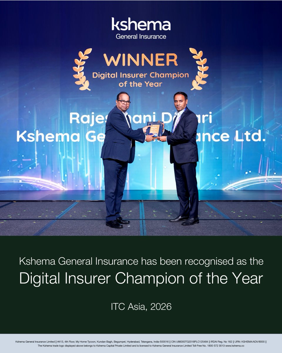 Kshema_Suraksha's tweet photo. We are delighted to share that Kshema General Insurance has been recognised as the Digital Insurer Champion of the Year at ITC Asia 2026, held in Singapore.

Sunil Mandava, Head of Engineering at Kshema, received the award on behalf of our CEO &amp; MD, Rajeshnani Dasari. https://t.co/debmYL6Qba