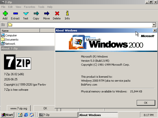 Windows NT 5.0 Build 1796 is the oldest build to run 7-Zip 26.02