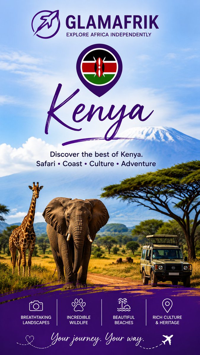 glamafrik's tweet photo. 🇰🇪 Kenya is one of the best destinations for first-time visitors to Africa.

🦁 Wildlife
🏖️ Stunning beaches
🎭 Rich culture
💰 Budget-friendly options
🚆 Easy transport
Would you visit Kenya first? 🌍
Follow, like, comment, share. 
#TravelKenya #ExploreAfrica #GlamAfrik https://t.co/NVIBV73WtE