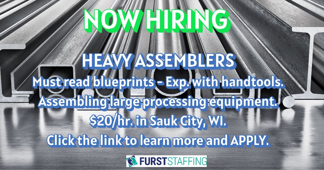 FurstStaffing's tweet photo. Are you skilled with hand tools and blueprint reading? Join our team as a Heavy Assembler and help build large processing equipment! $20/hr. Sauk City, WI. Click the link to learn more about the job and benefits and APPLY today! 
https://t.co/CTW5Yd7uYZ https://t.co/y2hHcbC7hG