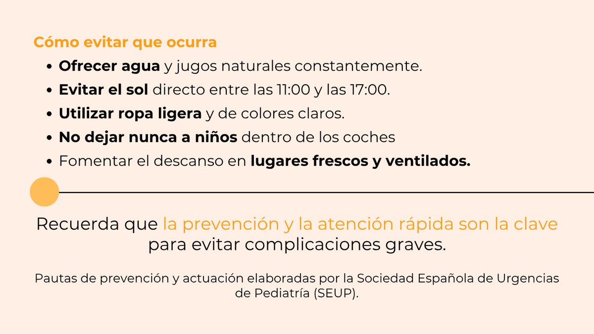 APREMprematuros's tweet photo. ¿Sabrías reaccionar si tu peque sufre un golpe de calor?👶 Conocer los síntomas y saber cómo actuar puede ser decisivo. La prevención y la rapidez son la clave para evitar complicaciones graves. Guarda las pautas de la SEUP para saber cómo reaccionar de forma correcta. #APREM https://t.co/wbV3C0RK92