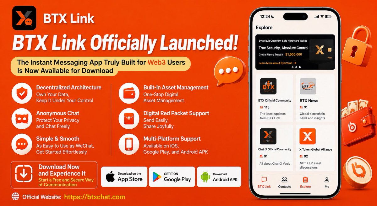 BTXchat's tweet photo. 🚀 BTX Link is officially live!

The instant messaging app truly designed for Web3 users is now available for download.

Why choose BTX Link?

🔒 Decentralized architecture for greater data autonomy
👤 Anonymous chats to protect your privacy
💬 Simple and smooth—as easy to use as WeChat
💰 Built-in asset management
🧧 Supports digital red envelopes
📱 Available on iOS, Google Play, and Android APK

Download it now to experience it for yourself, join the BTX Link community, and start communicating with users worldwide in a freer and more secure way.

🌐 Official Website: https://t.co/O5Tqipbzlg

#BTXLink #Web3 #Crypto #Decentralized #Privacy #Blockchain