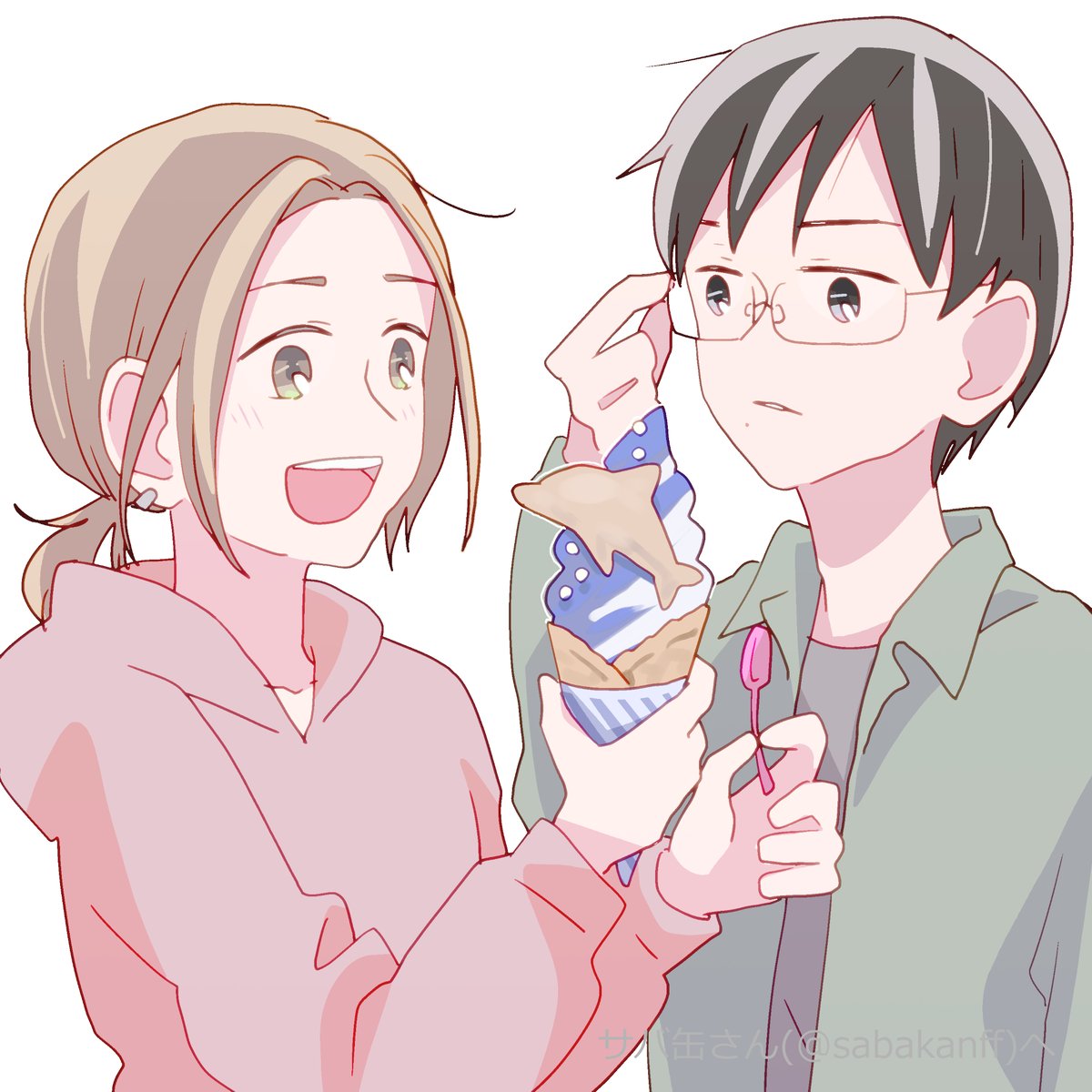 aosakiako's tweet photo. サバ缶さん(@sabakanff)の、『なんでなんでの彼氏』のいっつんと理久くんを描かせていただきました（理久くんはサバ缶さんの現在のアイコンの人です） https://t.co/YifFxNGZxz