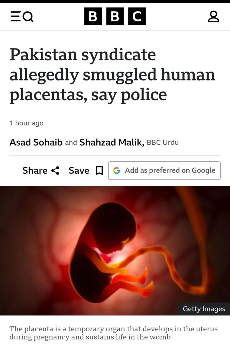 treeni's tweet photo. SHOCKING! 😱

Pakistani mafia smuggled organs of newly born babies from hospitals, to make anti-aging injections.

They bought 200kg of the organ from various hospitals each month. And they dry and process them before shipping it abroad.

They were meant to be exported to be made into anti-ageing injections, each of which would cost 700,000 rupees ($2,530; £1,890).