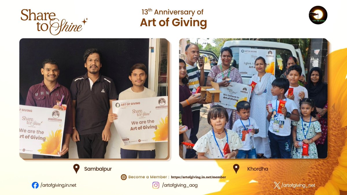 artofgiving_net's tweet photo. Through the “Share to Shine” theme of the 13th International Day of Art of Giving, Ms. Mamuni Majhi, Ms. Sureswari Sandha, Mr. Lingaraj Kisan, Ms. Sandhyarani Das, Mr. Nileswar Bhue, Mr. Arata Majhi, Ms. Sushila Purtty, Mr. Sarkar Soren, Mr. Ajay Kishan, Mr. Pabitra Mohan Parida, Ms. Rajasmita Rout, Mr. Trinatha Garha Nayak, Ms. Anita Majhi, Mr. Ganesh Kanhar, Mr. Dibakar Pradhan, Ms. Rupali Marndi, Mr. Maje Kanhar, Ms. Namita Pradhan, Mr. Pabitra Kanhar participated in the initiative at Keonjhar, Bargarh, Khordha, Koraput, Balasore, Jharsuguda, Kalahandi, Angul, Kandhamal, and Mayurbhanj, spreading hope and warmth through a thoughtful act of giving. The celebration highlighted the importance of compassion, humanity and caring for one another.
