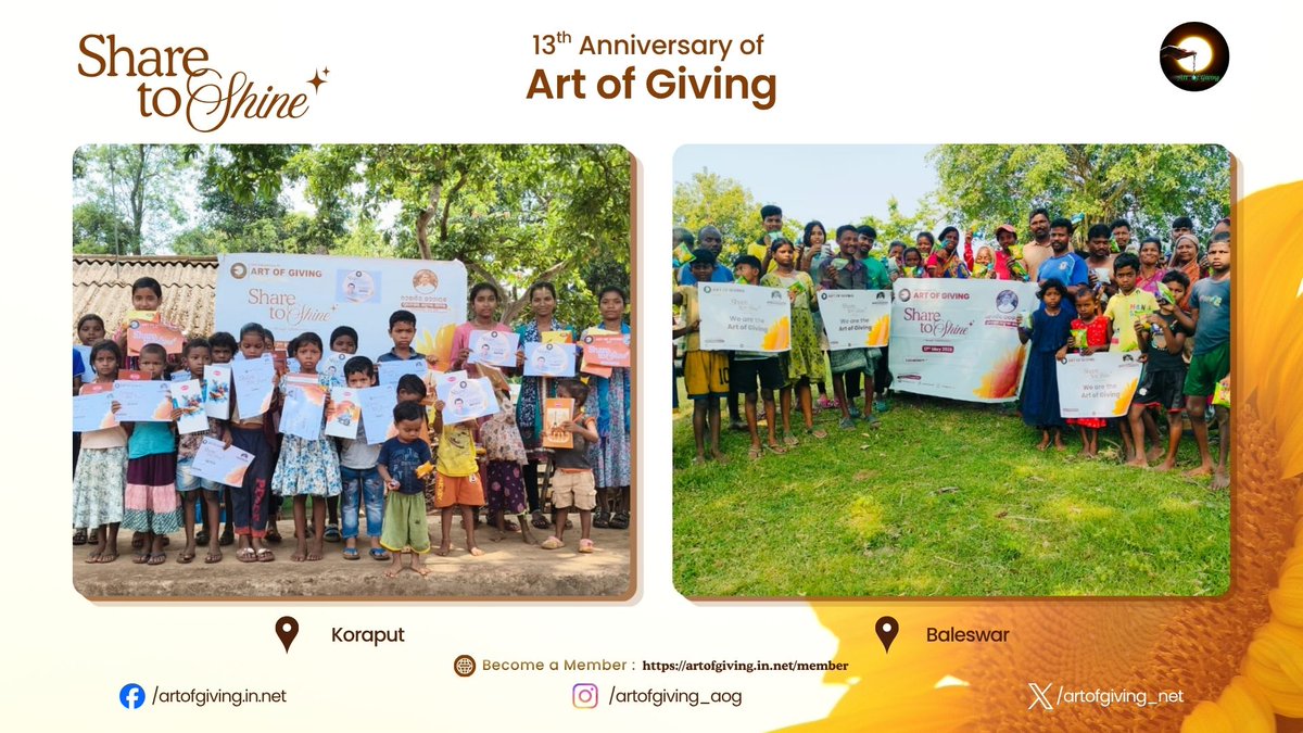 artofgiving_net's tweet photo. Through the “Share to Shine” theme of the 13th International Day of Art of Giving, Ms. Mamuni Majhi, Ms. Sureswari Sandha, Mr. Lingaraj Kisan, Ms. Sandhyarani Das, Mr. Nileswar Bhue, Mr. Arata Majhi, Ms. Sushila Purtty, Mr. Sarkar Soren, Mr. Ajay Kishan, Mr. Pabitra Mohan Parida, Ms. Rajasmita Rout, Mr. Trinatha Garha Nayak, Ms. Anita Majhi, Mr. Ganesh Kanhar, Mr. Dibakar Pradhan, Ms. Rupali Marndi, Mr. Maje Kanhar, Ms. Namita Pradhan, Mr. Pabitra Kanhar participated in the initiative at Keonjhar, Bargarh, Khordha, Koraput, Balasore, Jharsuguda, Kalahandi, Angul, Kandhamal, and Mayurbhanj, spreading hope and warmth through a thoughtful act of giving. The celebration highlighted the importance of compassion, humanity and caring for one another.