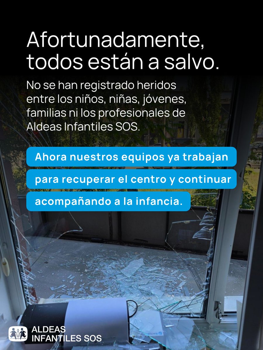 AldeasEspana's tweet photo. 🚨 Un ataque masivo contra Kiev ha dañado nuestras instalaciones: un Centro de Fortalecimiento Familiar y un Centro Juvenil. Ventanas rotas, puertas arrancadas, daños estructurales. Sin heridos entre nuestros equipos ni las familias que acompañamos.

Al menos 20 muertos y +80 heridos en la ciudad.