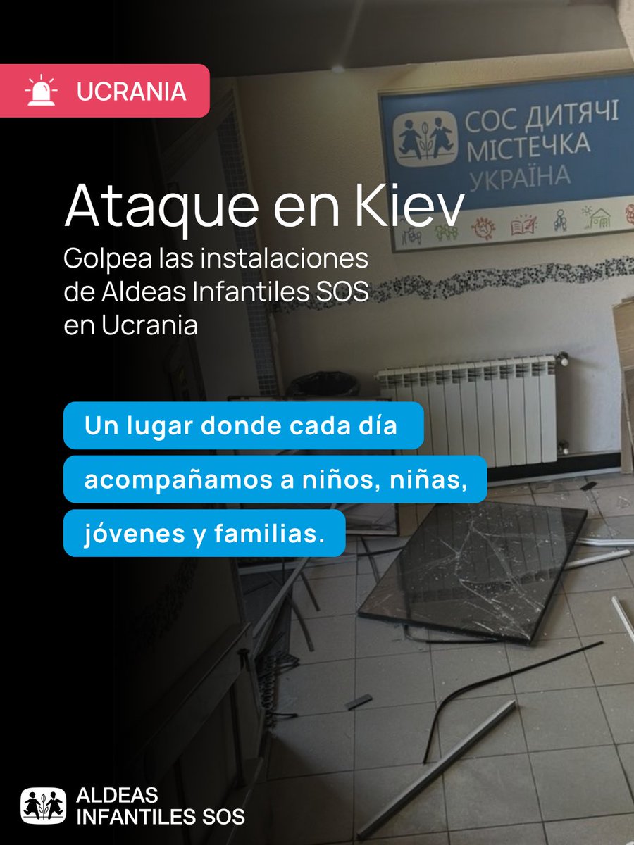 AldeasEspana's tweet photo. 🚨 Un ataque masivo contra Kiev ha dañado nuestras instalaciones: un Centro de Fortalecimiento Familiar y un Centro Juvenil. Ventanas rotas, puertas arrancadas, daños estructurales. Sin heridos entre nuestros equipos ni las familias que acompañamos.

Al menos 20 muertos y +80 heridos en la ciudad.