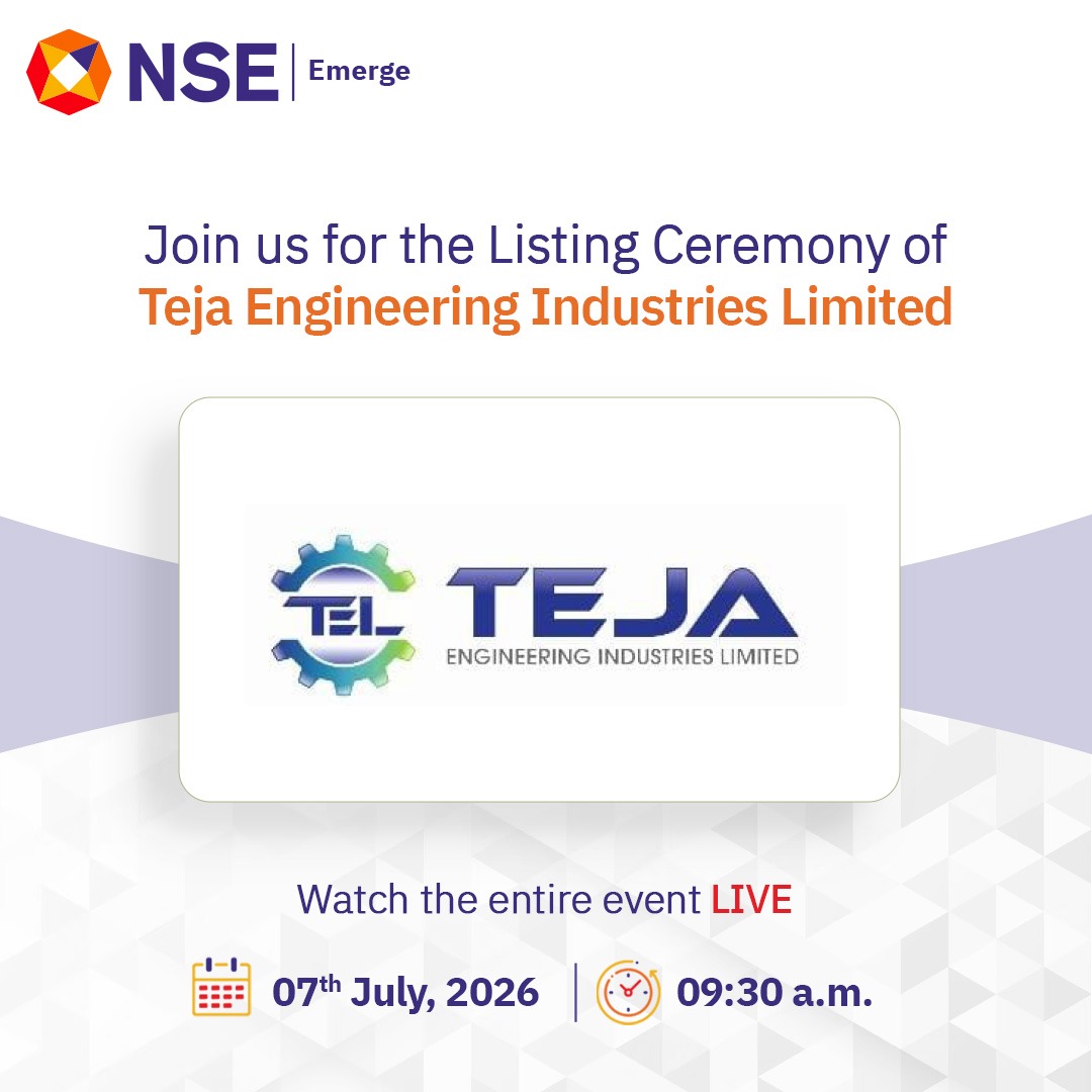 NSEIndia's tweet photo. Do join us LIVE tomorrow for the listing ceremony of Teja Engineering Industries Limited on NSE Emerge. Event link to be shared soon! 

#NSEIndia #NSEEmerge #listing #IPO #StockMarket #ShareMarket #TejaEngineeringIndustriesLimited @ashishchauhan https://t.co/fzSuynqfaY