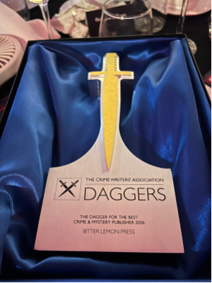 bitterlemonpub's tweet photo. We are chuffed to bits to be awarded Best Crime &amp; Mystery Publisher 2026 by @The_CWA last night! 

For a small independent publisher, it means the world. 
Thanks to all of our authors and translators for giving us such wonderful stories to share, plus the great cover designers ☺️ https://t.co/XLFk1pGCYc