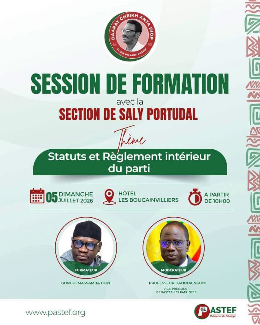 FapatrioteS's tweet photo. 🚨 #FORMATION  pour wa département Mbour #Saly

Suite au 1er Congrès de PASTEF – Les Patriotes, qui a consacré le renforcement de nos instances et l’adoption des nouveaux Statuts et du Règlement intérieur, la formation des militantes et militants entre dans une nouvelle étape.

Dans cette dynamique, L’Ecole du Parti Daaray Cheikh Anta Diop organise une session de formation avec la section de Saly Portudal, consacrée à l’appropriation des textes fondamentaux qui régissent la vie du parti.

Cette rencontre sera l’occasion de mieux comprendre les droits et devoirs des militants, le fonctionnement des instances, les règles d’organisation ainsi que les principes qui fondent notre engagement collectif.

📅 Dimanche 05 juillet 2026
📍 Hôtel Les Bougainvilliers – Saly Portudal
🕙 À partir de 10h00

PASTEF – LES PATRIOTES
Daaray Cheikh Anta Diop (École du Parti)