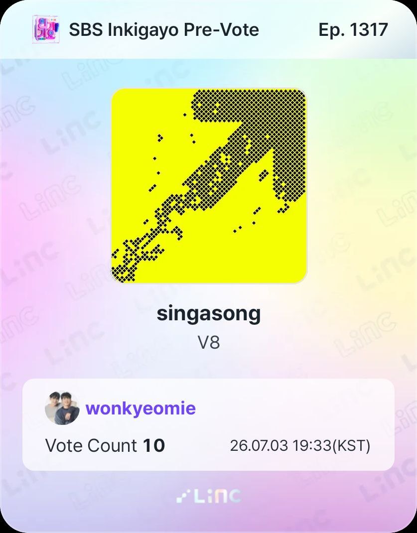wonkyeomzz's tweet photo. SBS Inkigayo Pre-Vote - Ep  1317

last day for this week voting please do drop your vote for V8 before the voting ends tonight 

🗳️: 10 vote = 300 fp ( 1 vote = 10 fp ) 
🔗: https://t.co/f5nh10p4Y1…

#V8 https://t.co/qT7g0Eq0r4