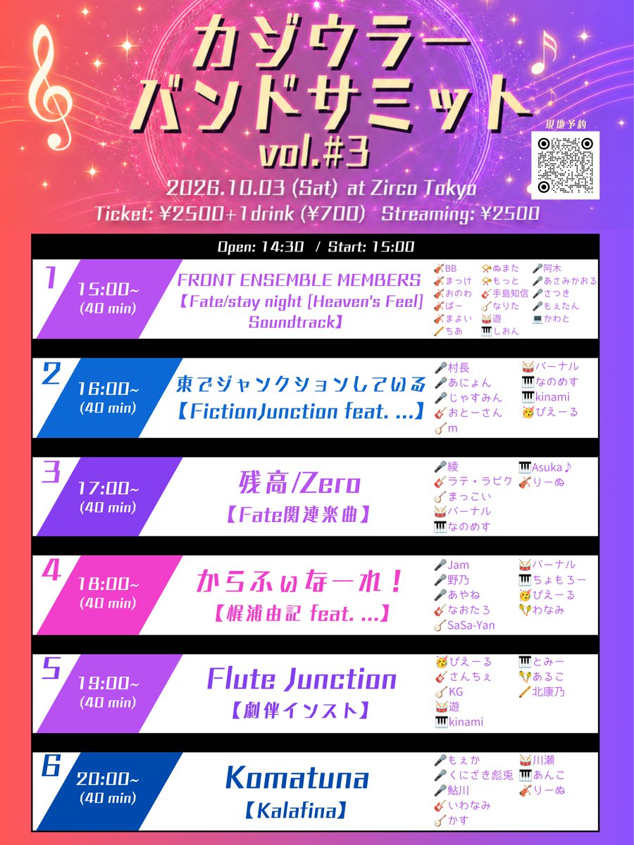 KajiSummit's tweet photo. #カジサミ3 開催まであと3か月！
【出演バンドが決定しました！】
インストバンド・Fate関連バンドも招いて計6組の梶浦サウンドをお届けします！

2026.10.03(土) at 新宿Zirco Tokyo
 #カジサミ3 どうぞよろしくお願いいたします！

・現地予約フォーム
https://t.co/WuuFSC4tc0 https://t.co/28IJl9pVfz