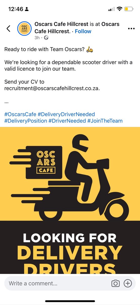 SneKhumaloSA's tweet photo. Durbanites, Oscars Cafe is looking for a scooter driver..

Email is in the pic https://t.co/QxW9Xr98ti