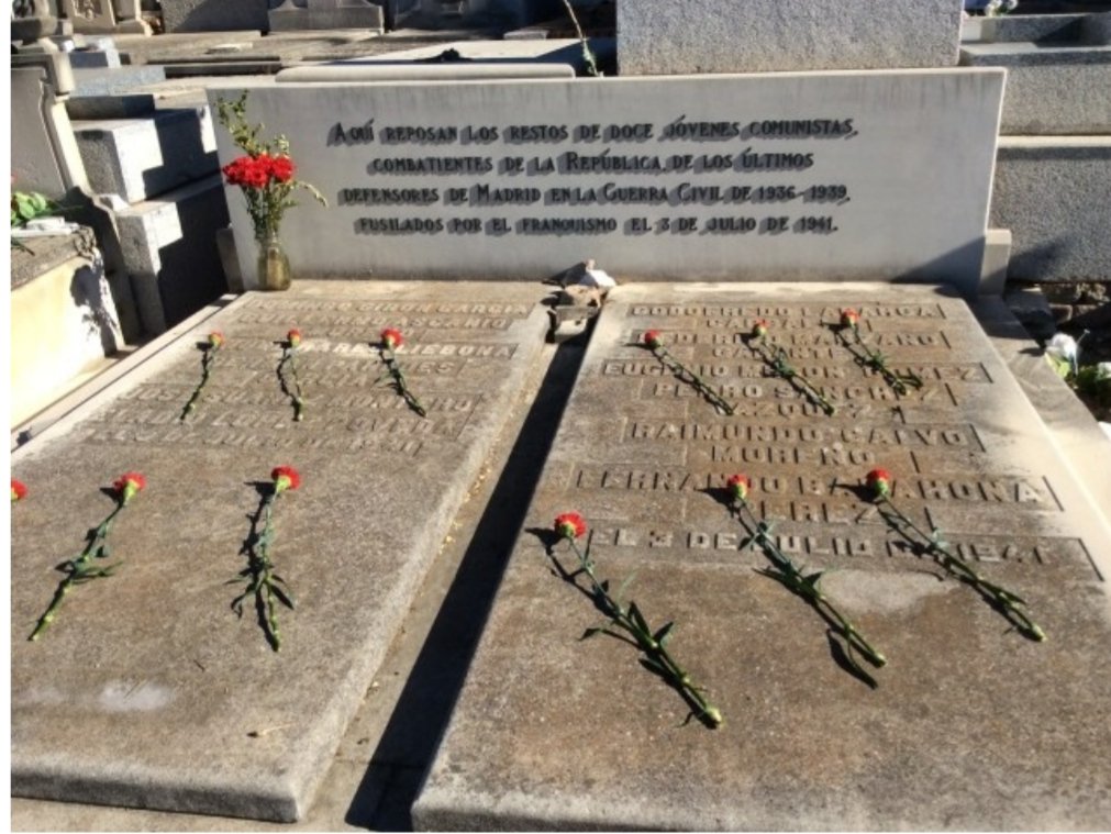 MadresCR's tweet photo. Claveles rojos para los doce fusilados el 3 de julio de 1941. Eran 12 resistentes fieles a la República, miembros de la Juventud Socialista Unificada, fusilados junto a las tapias del cementerio del Este.
Siempre en la memoria
Verdad, justicia y reparación
https://t.co/JG9yWmADl6 https://t.co/8YKigKIN0A
