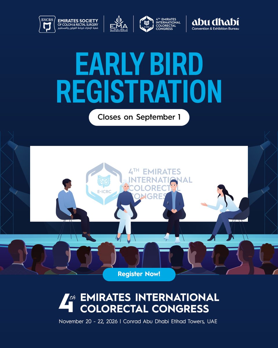 escrs_uae's tweet photo. Early bird rates won't last forever!

Secure your place at the 4th Emirates International Colorectal Congress while early bird rates are still available.

Connect with leading experts, explore the latest advancements in colorectal care, and gain valuable insights from... https://t.co/t5zOLnwnoC