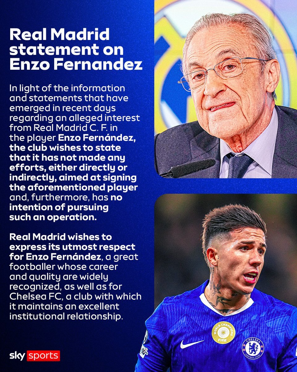 UseFuulTips's tweet photo. 🧵THREAD: Real Madrid have issued a statement to strongly deny they have interest in Chelsea midfielder Enzo Fernandez 😳 https://t.co/5dBMjLTmBV