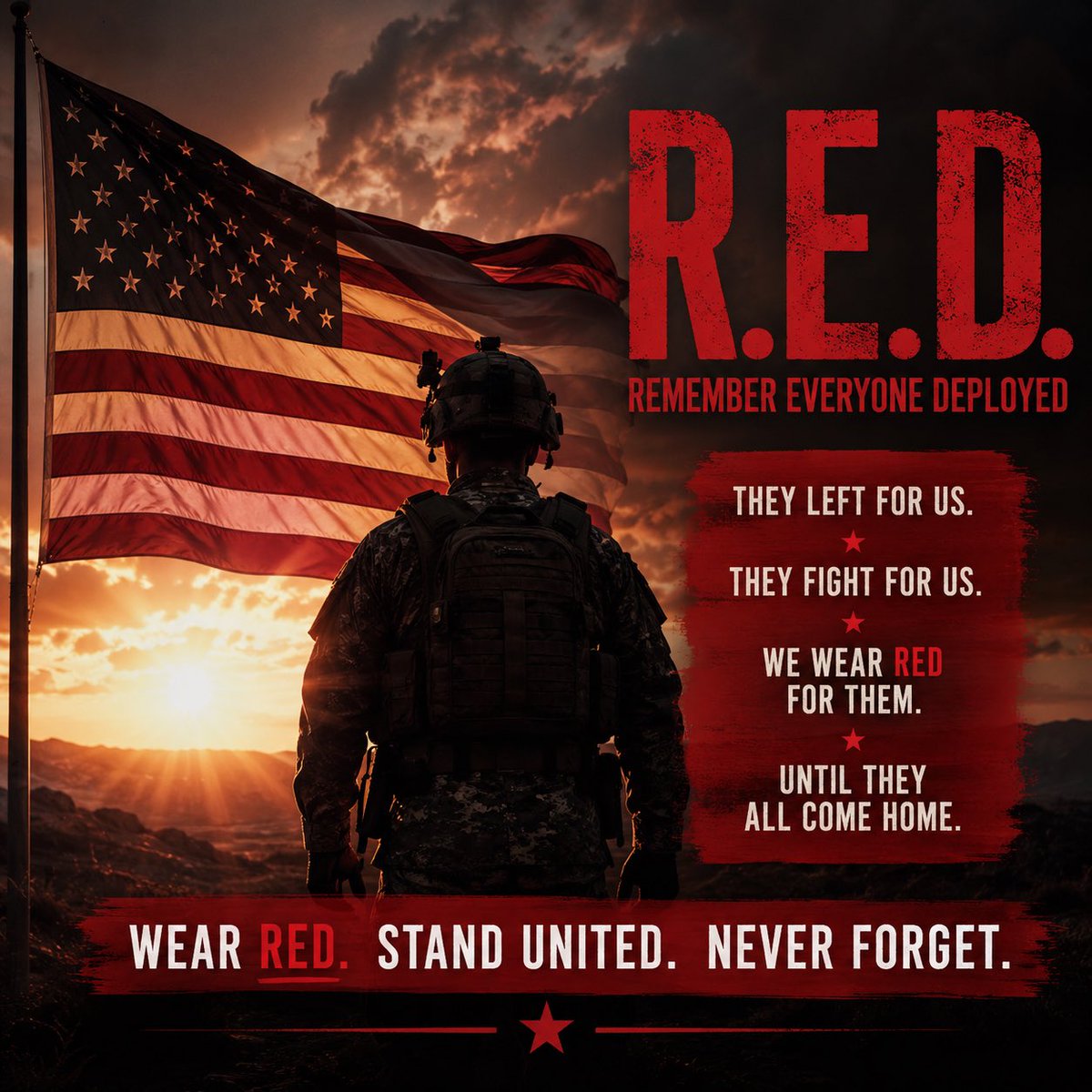 1True_American_'s tweet photo. 🇺🇸As we celebrate this 4th of July weekend with family, friends, cookouts and fireworks, let’s also remember those who aren’t home to celebrate.

Today we wear RED - Remember Everyone Deployed.

To every service member standing watch far from home: thank you for your courage, sacrifice and commitment. We don’t forget you.

Have a safe, blessed and grateful Independence Day weekend. ❤️🤍💙
