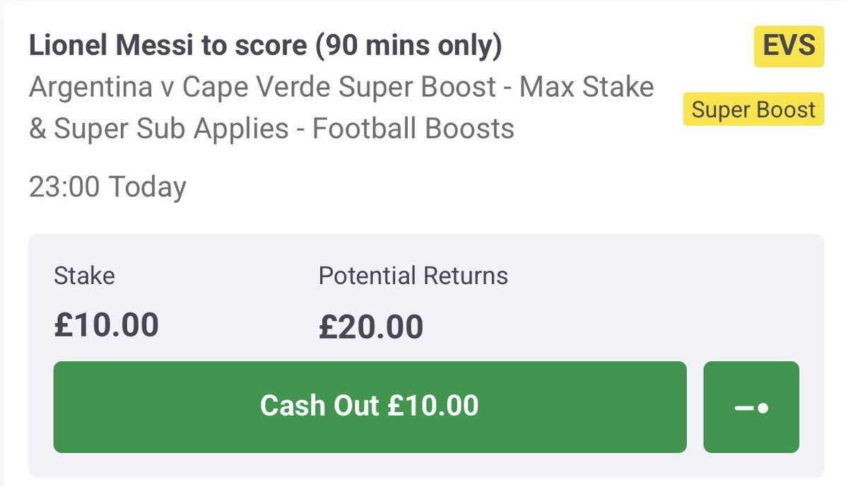 BobbyBakerBets's tweet photo. 🚀PaddyPower SUPER Boost.

I'm on this one tonight, here's why...

❤️IF FOLLOWING!

⚽️Messi bagged a massive 6 goals in Argentina's 3 group stage games, he even only played 30' vs Jordan.

📈They play massive underdogs Cape Verde so there'll be plenty of opportunity for him to add more to his tally tonight.

Worth a dabble at evens for me!
