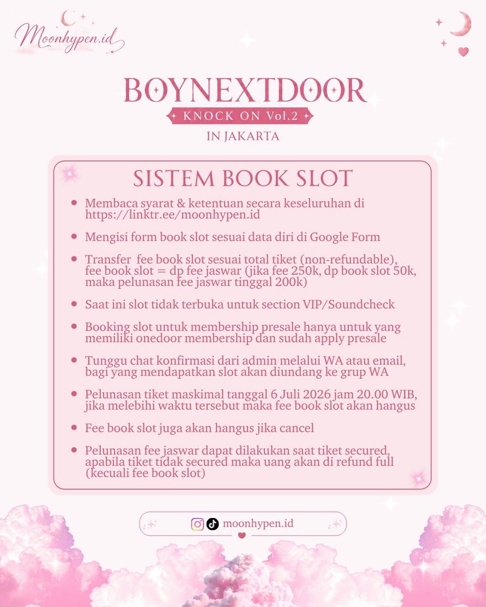 TiaraMp_'s tweet photo. OPEN JASWAR BOYNEXTDOOR TOUR 'KNOCK ON Vol.2' IN JAKARTA!🎫

💸 Fee Jaswar
🧡 Orange A &amp; B: Rp 300.000
💚 CAT 1: Rp 300.000
❤️ CAT 2: Rp 275.000
🩷 Pink A &amp; B: Rp 250.000

🔗 Daftar sekarang melalui link:
https://t.co/JwQS4xJM1o

#BND #KNOCK_ON_Vol_2 #KNOCK_ON_Vol_2_IN_JAKARTA https://t.co/x0XtmCofav