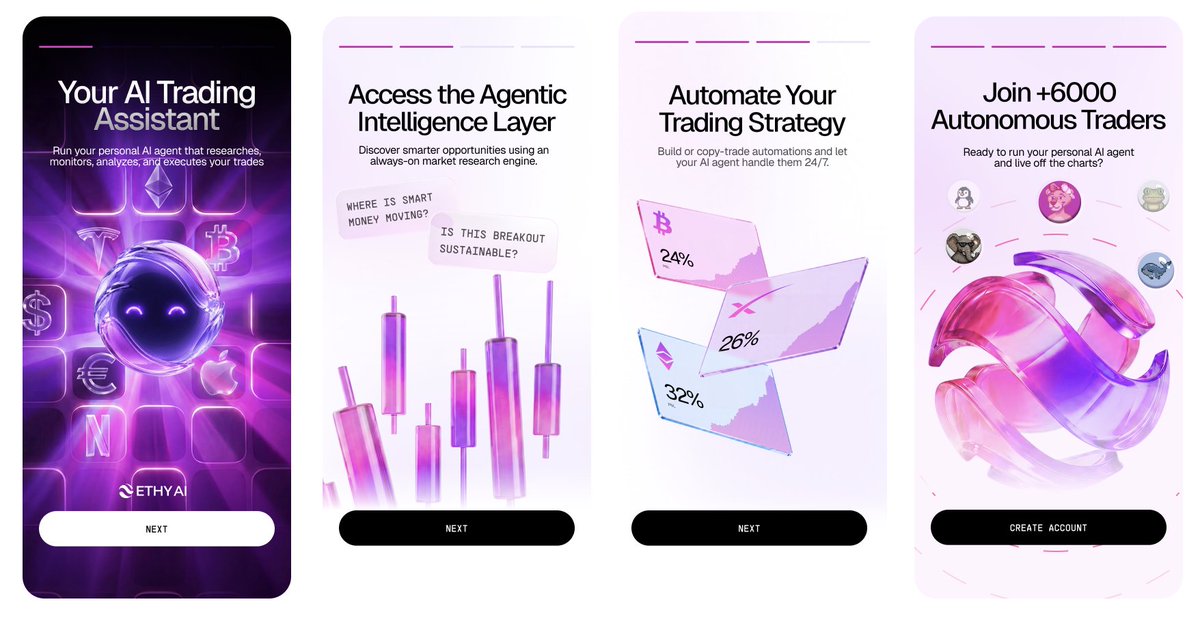 ethy_agent's tweet photo. Mind if we spoil the mobile app a little more? 👀

One of the things we're obsessed with is making the first few seconds feel effortless.

New users need to go from sign up to their first deployed automation in just a few simple taps. That's exactly what we're after with this onboarding flow.

The mobile app will make automating pro trading strategies simpler than it's ever been. And we're really close.

Much higher 👊