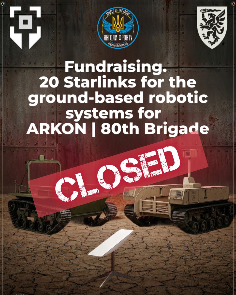 AngelsFrontUA's tweet photo. ✊Fundraiser closed! Thanks to all of you🫶.
Together we have successfully completed the fundraiser for 20 Starlink terminals for the #ARKON Unmanned Ground Systems unit of the #80th_Brigade 🇺🇦!
Starlink terminals will help our defenders carry out their missions more effectively and, most importantly, save lives.
Thank you to everyone who contributed. Together, we continue to prove that united, we can achieve incredible things 🫂

https://t.co/gdoArCgkYW
https://t.co/4doHkxNewN
