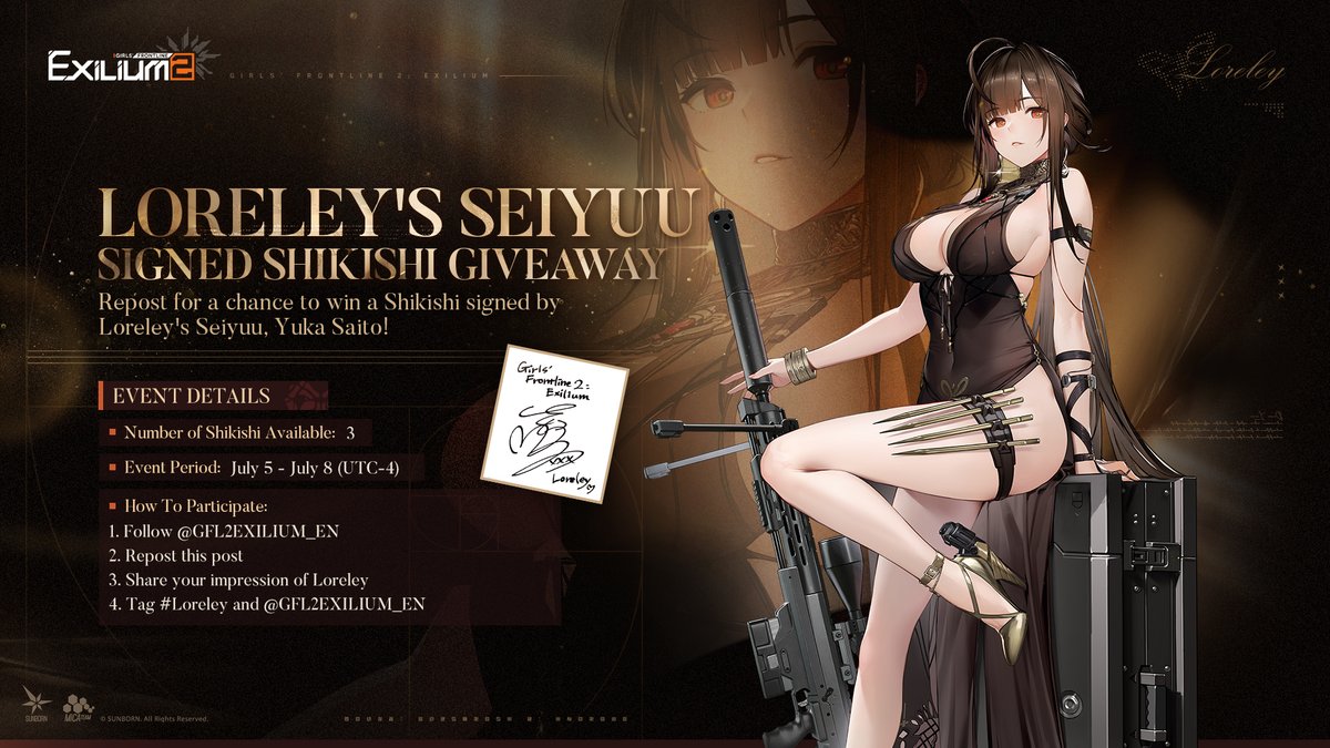 GFL2EXILIUM_EN's tweet photo. Special Giveaway | Loreley's Seiyuu Signed Shikishi 

■ Number of Shikishi Available: 3
■ Event Period: July 5 - July 8
■ How To Participate: Please refer to the image below.

>> Download on mobile and PC: https://t.co/SiNltiPpgV
#GirlsFrontline2Exilium #gfl2exilium https://t.co/zFGpskkAIM