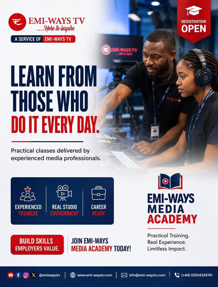 emiwaystv's tweet photo. Knowledge is important, but practical experience makes the difference. Learn directly from professionals working in #BroadcastMedia, #TelevisionProduction and #DigitalContentCreation. At #EMIWAYSMediaAcademy, every lesson is designed to prepare you for the real world of media. https://t.co/Qy10rL7oNb