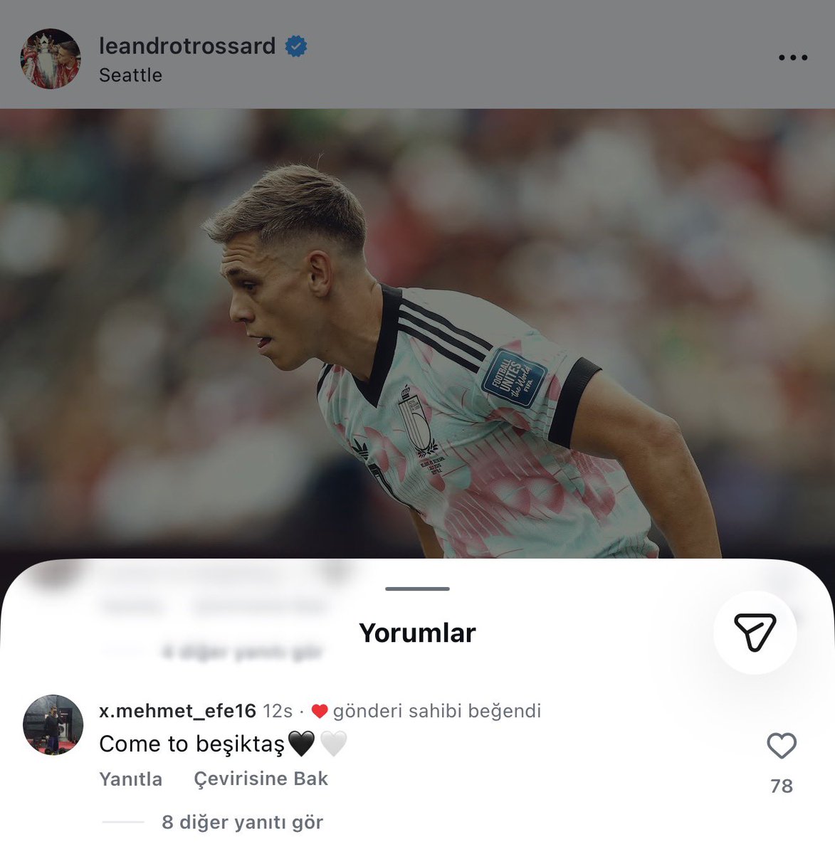 MustafaKratas's tweet photo. 👀 Leandro Trossard, kendisine atılan "Come to Beşiktaş" yorumunu beğendi. https://t.co/u8xLqVxcqJ