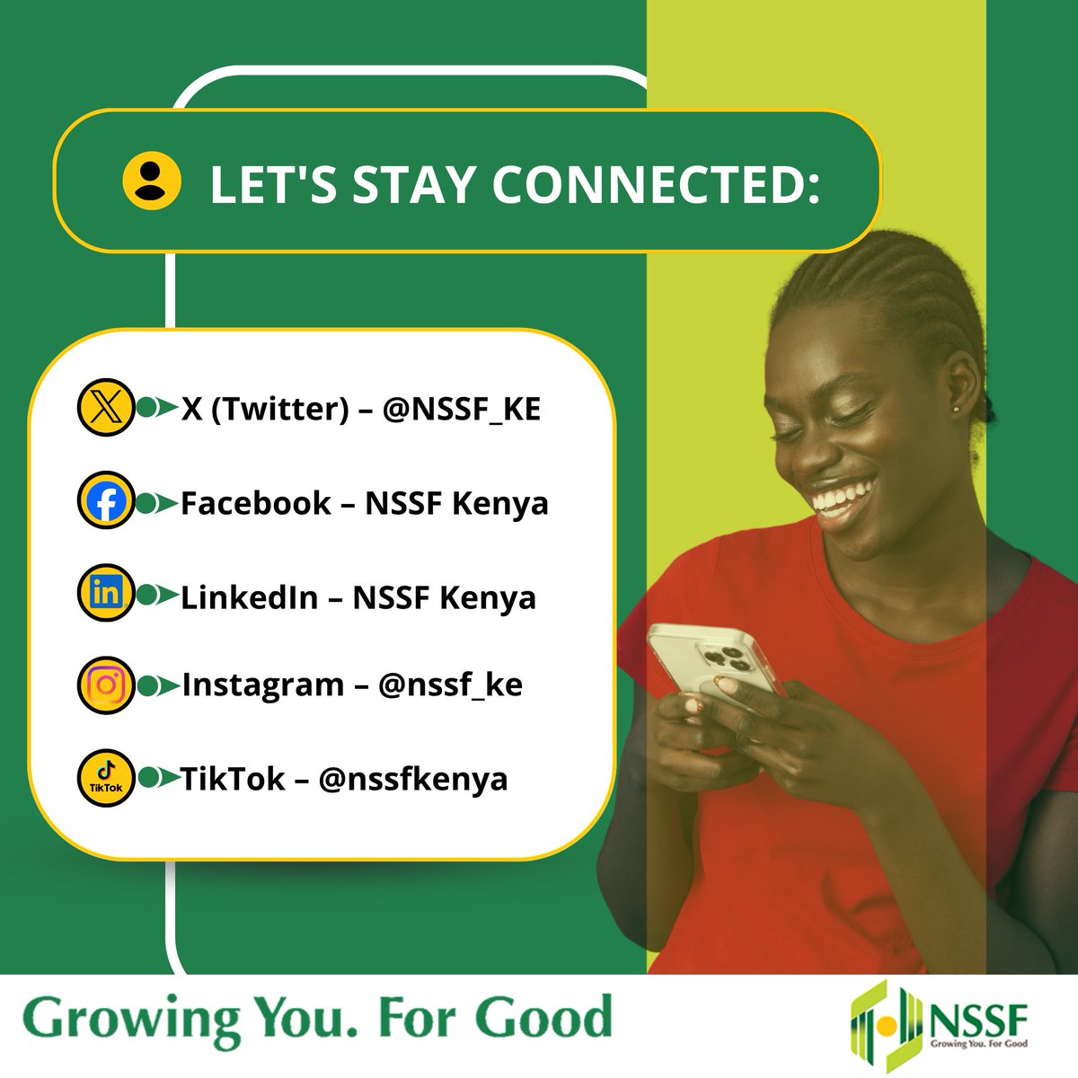 NSSF_ke's tweet photo. We're where you are! Connect with NSSF Kenya on X, Facebook, Instagram, LinkedIn, and TikTok for updates, tips, and support. #LeavingNoOneBehind https://t.co/gQdcNzycge