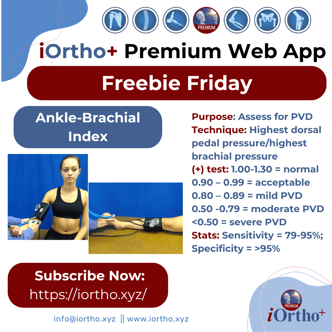 iOrthoApp's tweet photo. ABI can be a valuable tool to assess circulation. Learn more .. iOrtho+ Premium.
#orthopedics #physicaltherapy #PT #chiro #sportsmedicine #athletictraining #DO #MD #PA #OT #ATC #DC #Evidencebasedmvmt #uncagedclinician #SportsRecovery #orthopedicsurgery #physicaltherapystudents https://t.co/AX7qEclSLf