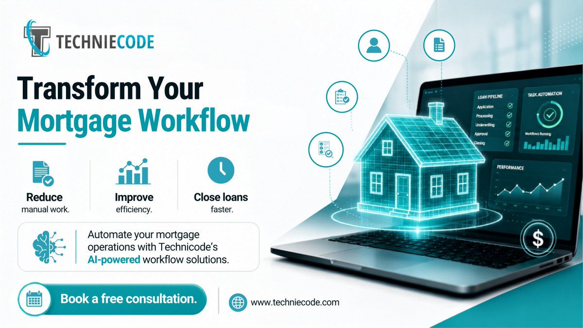 Techniecodeinc's tweet photo. Transform your mortgage workflow with AI.

Reduce manual work, improve efficiency, and close loans faster with TechnieCode's intelligent automation solutions.

Book your FREE consultation:
🌐 https://t.co/JWz9IscQuc

#MortgageTechnology #AIAutomation https://t.co/3ss0BmgoUm