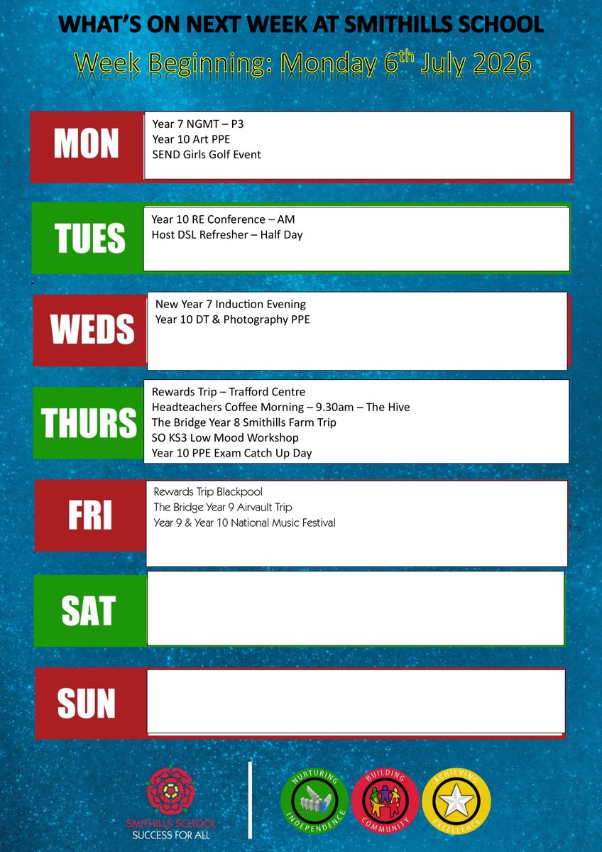 SmithillsSchool's tweet photo. WHAT'S ON NEXT WEEK AT SMITHILLS SCHOOL ‡οΈ
Please take a look at the poster below, which highlights the key events happening at Smithills School next week.
#KeyEvents #lookingforwardtoit #excited #SmithillsFamily #successforall https://t.co/0ZQCQnpVgL