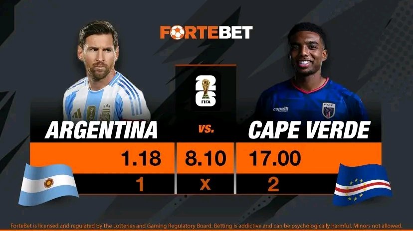 fortebet_uganda's tweet photo. FIFA WORLD CUP 2026 TONIGHT!
ARGENTINA - CAPE VERDE
The reigning world champions, Argentina, will face one of the tournament’s biggest surprise packages, Cape Verde, in the Round of 32 at the World Cup on Friday night.
Enjoy the game!
#fifaworldcup #fortebet #argentina #capev https://t.co/6h6Zb2u4YK