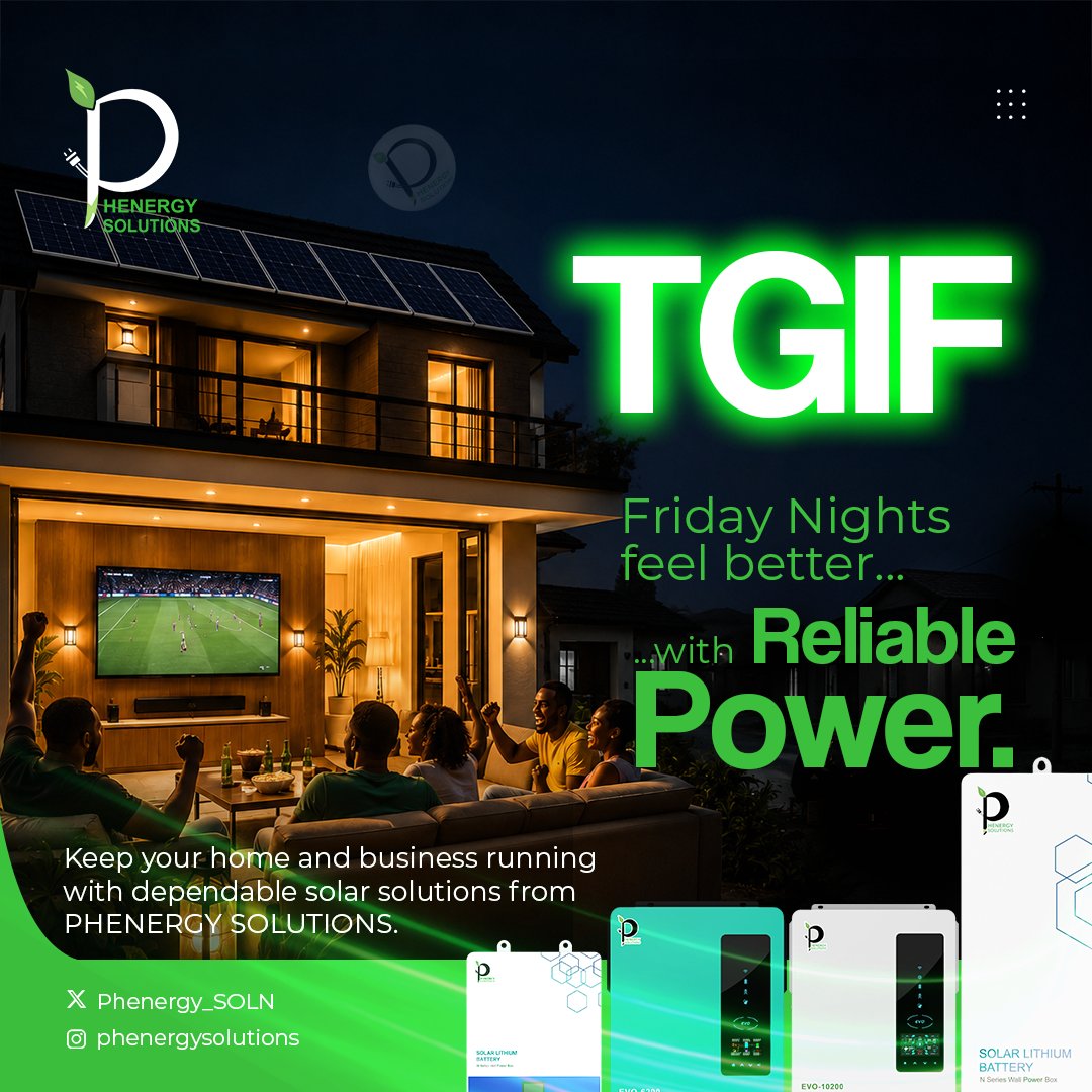 Phenergy_SOLN's tweet photo. Friday nights are better when blackouts don't interrupt the fun. ⚽✨

Whether it's football, family time, or simply relaxing after a long week, reliable power makes every moment count.
Power your weekends with confidence.

#TGIF #SolarEnergy #ReliablePower https://t.co/9ZlcsDI9f0