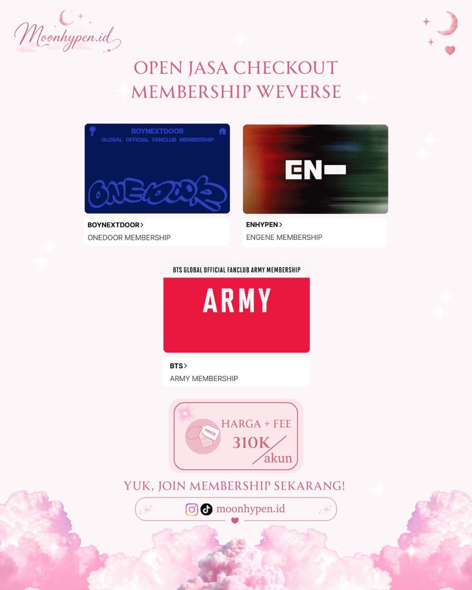 TiaraMp_'s tweet photo. OPEN JASA CHECKOUT WEVERSE MEMBERSHIP✨

💙 ONEDOOR Membership (BOYNEXTDOOR)
❤️ ENGENE Membership (ENHYPEN)
💜 ARMY Membership (BTS)

💰 Harga + fee: Rp 310.000/akun

🔗 Link pemesanan https://t.co/JwQS4xJM1o

#onedoormembership #engenemembership #armymembership #jastip https://t.co/4j7ISTZJxW