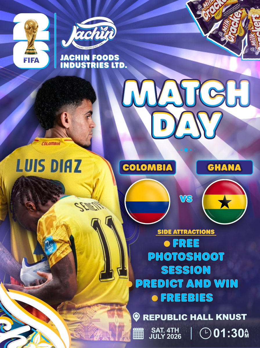 jachinglobal's tweet photo. Start resting now! Ghana vs Columbia is at 1:30 AM tonight
Join us at Republic Hall, KNUST for the ultimate Watch Party.
Free Photoshoot 📸
Predict &amp; Win
Jachin Freebies 
Who takes the win? Drop predictions! 👇 https://t.co/soZDK6pBfc